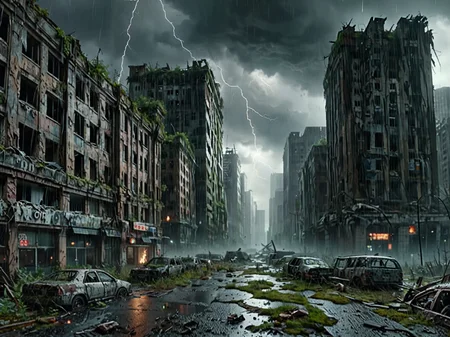 sharp focus, decaying buildings of a advanced civilization, rain, angry skies, lightning 8k, masterpiece, dramatic lighting <lora:addMoreDetails:1> Ultra details++ , add more details <lora:dvr-lnds-sdxl:1> dvr-lnds-sdxl