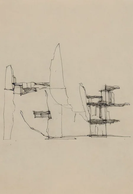 a professional hand sketch of architecture,
(POV view , DOF, first people view from the entrance, low angle shot:1.4),
(Ancient civilization, Alien Prometheus movie scene, dune movie scene:1.5), (The colonial city of the future, in the mist-filled Grand Canyon, on an unknown Earth-like planet, 2 moon on sky, Spaceship flight connects colonies, waterfulls:1.3), (Machu Picchu, a mountain settlement, incredibly spectacular:1.2), (Mario Botta:1.3), (avant-garde, future, reality, science fiction, photorealistic), (modern architecture:1.2), White limestone with black granite, fountain, waterfall, landmark, square, path, narrow street,
(Large Files, Ultra Realistic, 8K, 16k, FHD, HD, VFX, Perfect, Photography, composition, Architecture Sales Photography, Architecture Competition, Ultra High Resolution, Cinematography, High Resolution Image:1.1), (dramatic lighting, direct sunlight, ray tracing, clear shadow:1.2),  (real landscape:1.1), (blurred background:1.0), (urban background, more_details) ,
great lighting, extremely detailed, hillscastel, Neo Classic, Architecture sketch