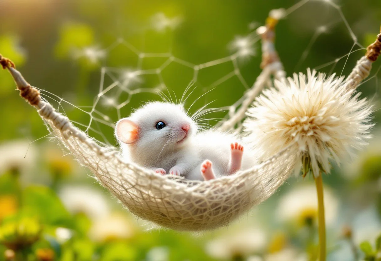 little fluffy white mouse rolling in a spider web hammock between two large fluffy white dandelions, sunny, highly detailed, intricate details, hyper-realism, ultra-sharp, macro, professional photoshoot