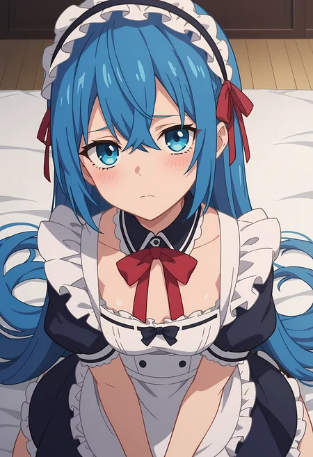 score_9, score_8_up, score_7_up, source_anime, 2d,
Astarte, 1girl, blue hair, very long hair, blue eyes, very small breasts, maid hairband, red ribbon, black collar, white maid outfit, blue outfit, white armband, short sleeve,
anime coloring, anime screencap, detailed eyes, zPDXL, perfect faces, uncensored, rating_explicit, <lora:astarte_0-000025:1>,
kneeling, looking up, sad, pov, looking at viewer