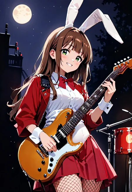 (masterpiece), (score_9, score_8_up, score_7_up,source_anime), 4K8K,
(solo), Japanese cute woman playing_instrument, electric_guitar, oval-faced, standing, bunny girl, hime style hair, (hair over shoulder),
(brown hair, wavy long hair, heme cut hair, green eyes, tareme, edge down eyes:1.2), blush, smirk,
(medium figure),(pointy breasts),
(white leotard, white bunny-girl uniform, rap-skirt, wrist cuffs, bowtie, fishnet tights:1.2),
(in the rooftop at moon night:1.2),(Dark background),