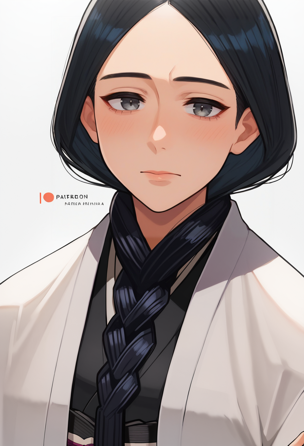 score_9, score_8_up, score_7_up,  source_anime,BREAK, 1girl, solo, (unohana retsu, single braid, black kimono, white coat ) light smile, <lora:UnohanaRetsuPONYXL:0.7>, simple background, yomu_(sgt_epper)