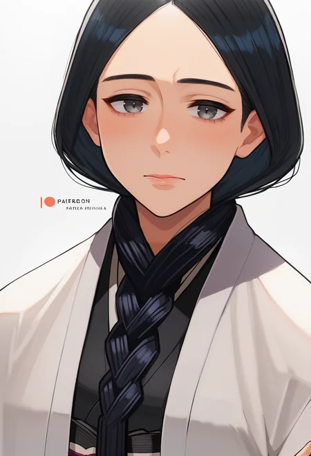 score_9, score_8_up, score_7_up, source_anime,BREAK, 1girl, solo, (unohana retsu, single braid, black kimono, white coat ) light smile, <lora:UnohanaRetsuPONYXL:0.7>, simple background, yomu_(sgt_epper)