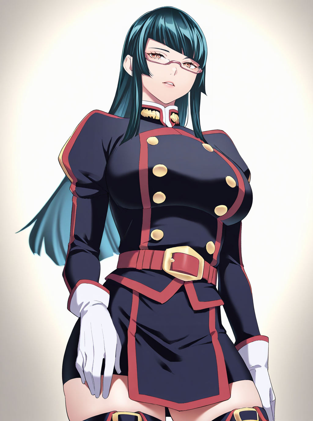 masterpiece,best quality,mature female,
<lora:azuma_maia:1>,azuma_maia,1girl,glasses,long hair,solo,breasts,gloves,yellow eyes,large breasts,thighhighs,black hair,looking at viewer,bangs,white gloves,skirt,red-framed eyewear,