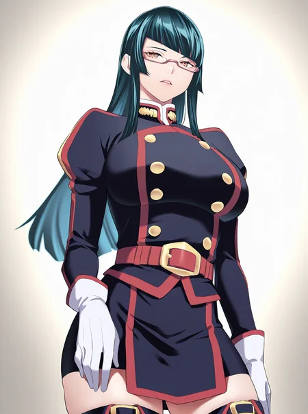 masterpiece,best quality,mature female,
<lora:azuma_maia:1>,azuma_maia,1girl,glasses,long hair,solo,breasts,gloves,yellow eyes,large breasts,thighhighs,black hair,looking at viewer,bangs,white gloves,skirt,red-framed eyewear,
