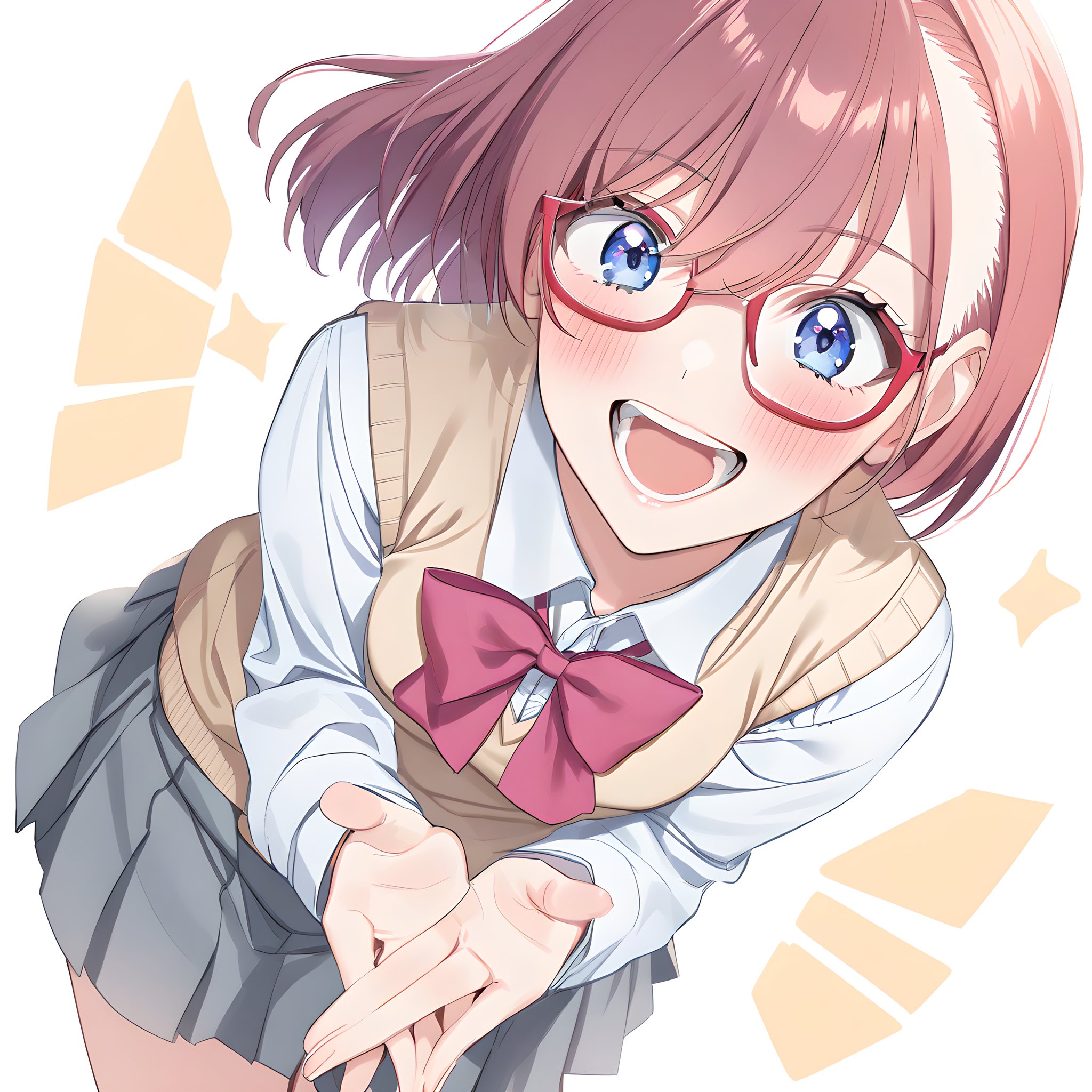 amano_ririsa, 1girl, solo, glasses, skirt, school uniform, white background, shirt, own hands together, bow, simple background, open mouth, smile, grey skirt, blush, red-framed eyewear, sweater vest, short hair, maroon hair, five finger<lora:XL-AmanoRirisa:1>
