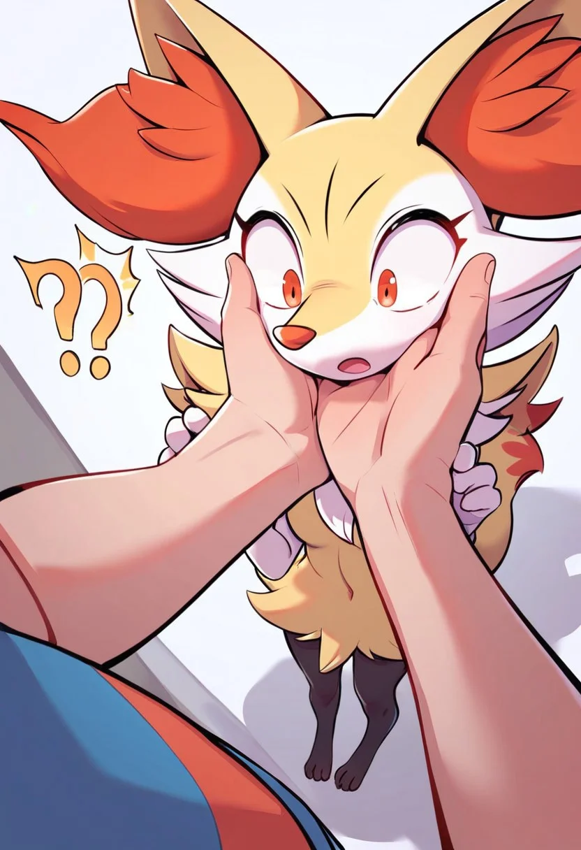 Braixen and human, duo, looking down, score_9, score_8_up, score_7_up, score_6_up, confused, body swap, personality Switch, (poiting each other:0.8), full body, hand on face, looking down,  full body, high angle, switch bodies, (trainer and braixen after switching bodies:0.9), body swap, Pokemon trainer, (looking each other:1.2), your name meme, (Pokemon and trainer Switch bodies:1.5), (size difference), (surprised:1.6), White background, (confused:0.7), ultra Quality, human and furry