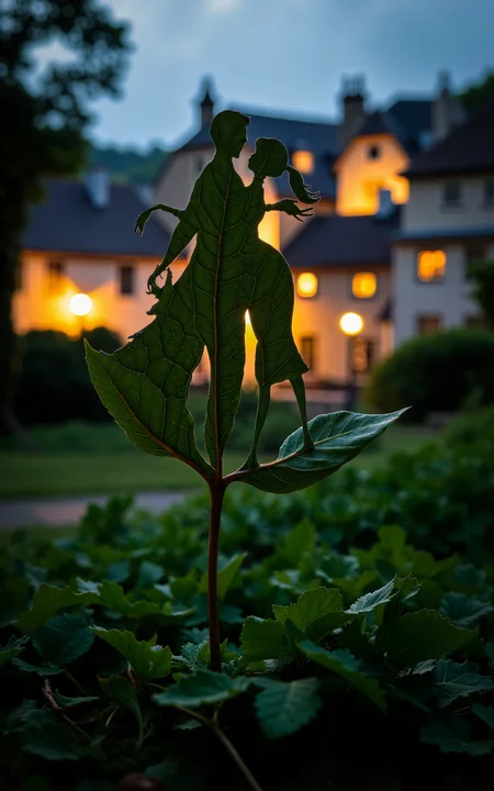 The image is a photograph of an intricately cut leaf of a man and a woman dancing. The leaf is placed upright in a field with the stem in the ground. The background shows a romantic French village with the camera pointed slightly up capturing the small size of the leaf compared to the background buildings. It is raining with dramatic night light illuminating from the town in the background.