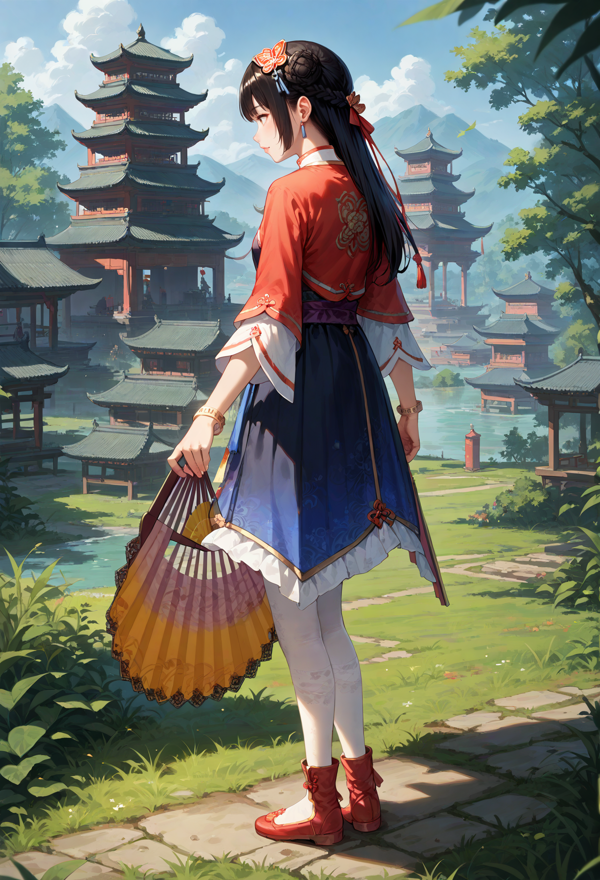 score_9, score_8_up, score_7_up , source_anime ,masterpiece, She stands with her hands on her hips, exuding confidence., <lora:Daqiao_Dynasty_Warriors:0.8> 1girl, solo, black hair, long hair, braid, hair ornament, chinese clothes, jewelry, bracelet, skirt, white pantyhose, red footwear, holding hand fan, outdoors