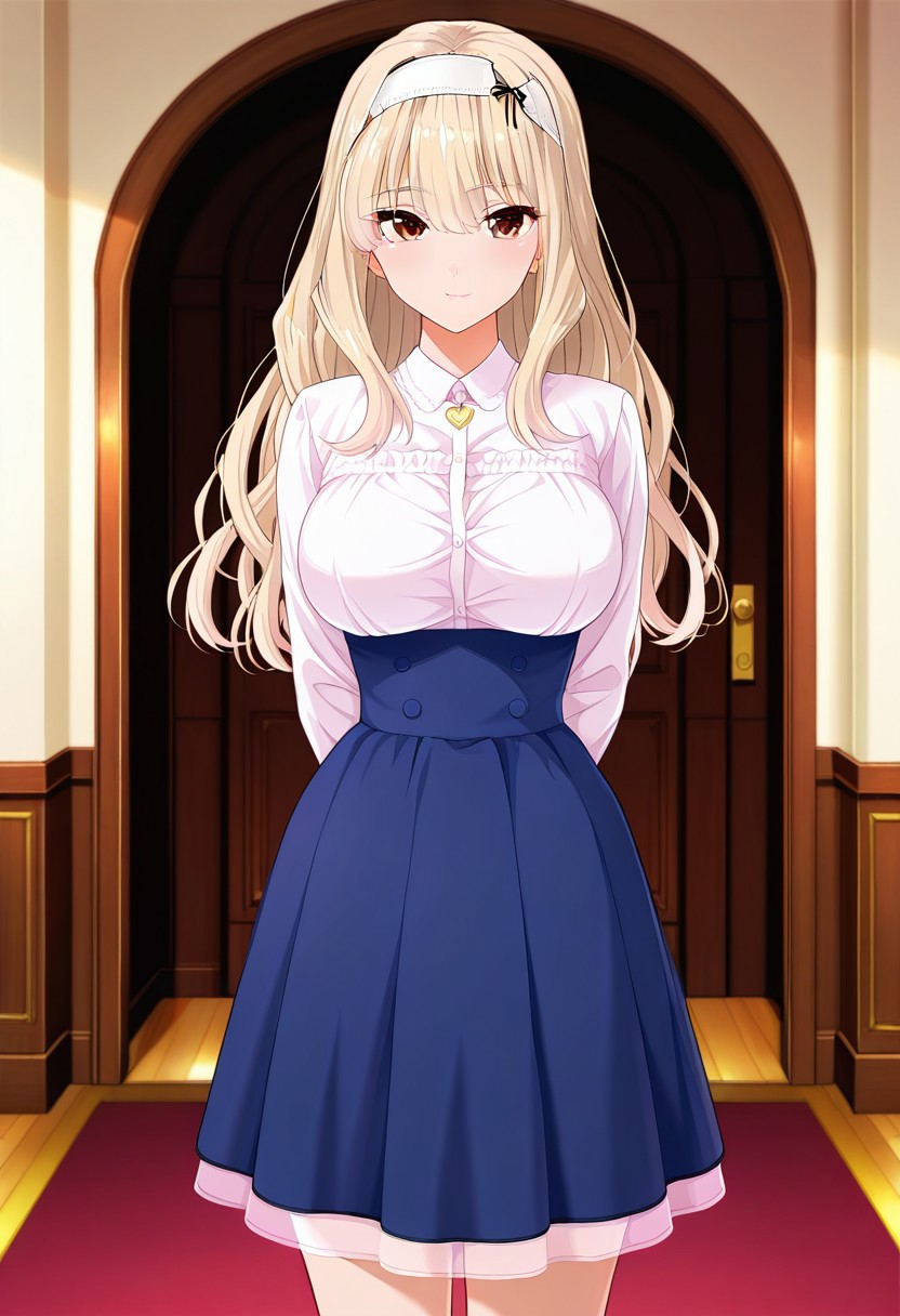 absurdres, best quality, masterpiece, amazing quality, highres, newest, detailed, source anime, anime coloring, beautiful, indoors, mansion,
BREAK
1girl, solo, standing, KijHyou, brown eyes, blonde hair, long hair, white hairband, wavy hair, light smile, light blush, looking at viewer,
virgin killer outfit, mansion attire, white blouse, heart necklace, blue skirt, high-waist skirt