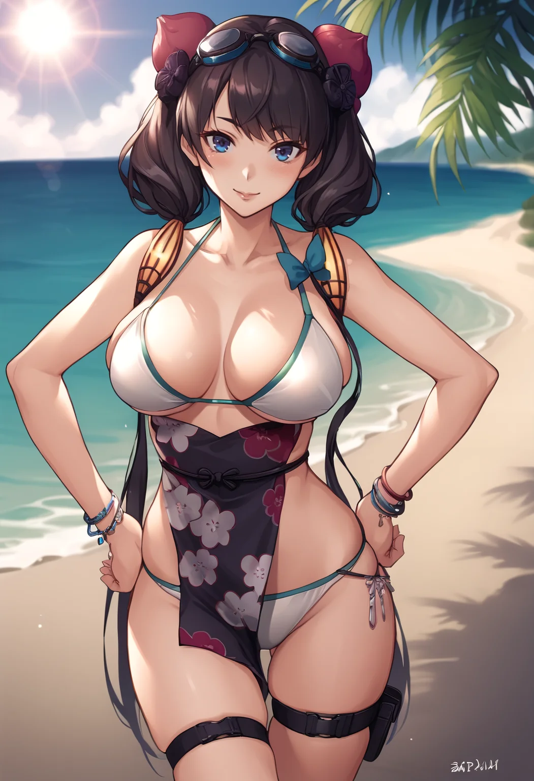 score_9, score_7_up, source_anime BREAK 1girl, solo, looking at viewer, cowboy shot,
<lora:KatsushikaSaberswim_Dwnsty:0.8>, saberswim, black hair, blue eyes, hair ornament, long hair, twintails, goggles on head, white bikini, floral print, jewelry, thigh strap, bracelet, sash, pelvic curtain,
large breasts, skindentation, smile, blush, lips, hands on own hips,
outdoors, beach, sun, sunlight, ocean,
