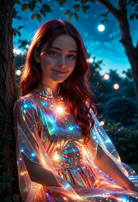 score_9, score_8_up, score_7_up, detailed skin face and eyes, (solo), long burgundy hair, blue eyes, (blue laser light dress), (closed mouth), smiling, sitting against tree, gardens background, close up, (night:1.5), vibrant lighting, high contrast, dramatic shadows, bokeh:1.5 <lora:laser_light_clothes_v0.5-pony:1> <lora:SDXLFaeTastic2400:0.5> <lora:3Danimation_Disney_1.0:0.9>