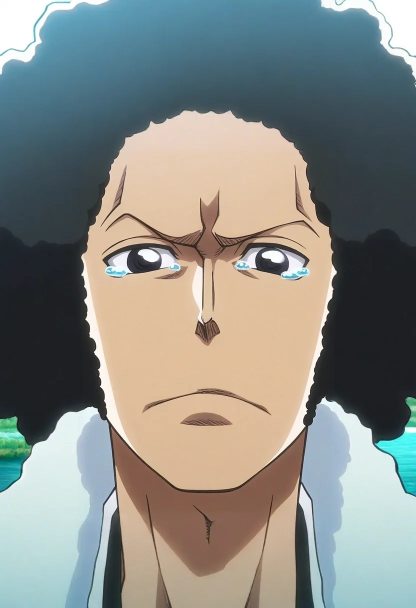 masterpiece, best quality, anime screencap, intricate details, , , 1boy, male focus, 1boy, sengoku \(one piece\), afro, solo, symmetry, river, light, slouching, tearing up, <lora:bleach_tybw_style_ilxl:0.9>, bleach_tybw_style,