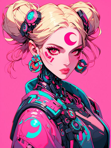 score_9, score_8_up, score_7_up, score_6_up, score_9, score_8_up, score_7_up, score_6_up, BREAK,
1girl, solo, long hair, looking at viewer, blonde hair, red eyes, holding, jewelry, jacket, upper body, earrings, hair bun, armor, lips, makeup, blue background, facial mark, moon, pink background, crescent, crescent moon, cyborg, crescent earrings, cyberpunk, crescent facial mark, double bun, 
simple background, pink theme, chromatic aberration, 
<lora:xl_more_art-full_v1:0.25>,
<lora:Psychedelic_Stylized:1>,