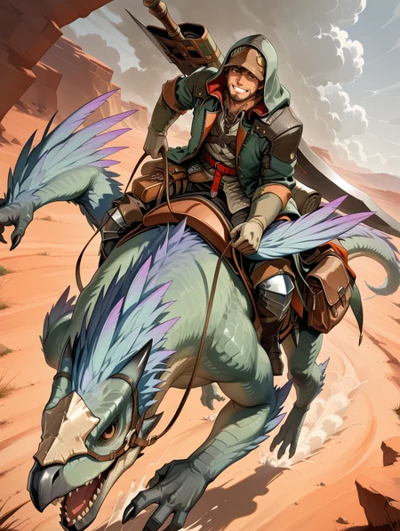 hope male armor,1boy,male focus,facial hair,riding,huge sword,smile,brown hair,reins,teeth,bag,solo,beard,looking at viewer,saddle,brown eyes,1other,seikret,weapon on back,green coat,green hood,brown cap,brown knee boots,white pants,white shirt,red belt,brown pouch,white gloves,winged arms,nature,wildness,desert,winged arms,dust cloud,storm,clenched teeth,winged arms,dinosaurs
masterpiece,best quality,amazing quality,very aesthetic,absurdres,newest,<lora:MHWilds hope armor illuXL v1:0.8>,