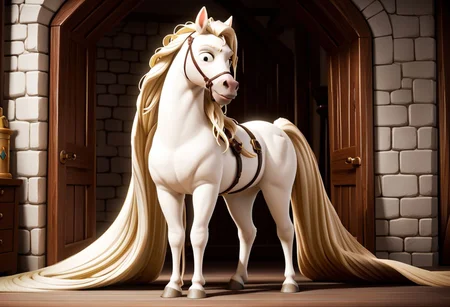 Score_9, score_8_up, score_7_up, original style, 3d disney anime, Maximus the white horse, solo, (A full body image of a horse with an endlessly long white Rapunzel-Style mane), (absurdly long white Rapunzel-Style mane:1.4), (meters of hair without end:1.2)