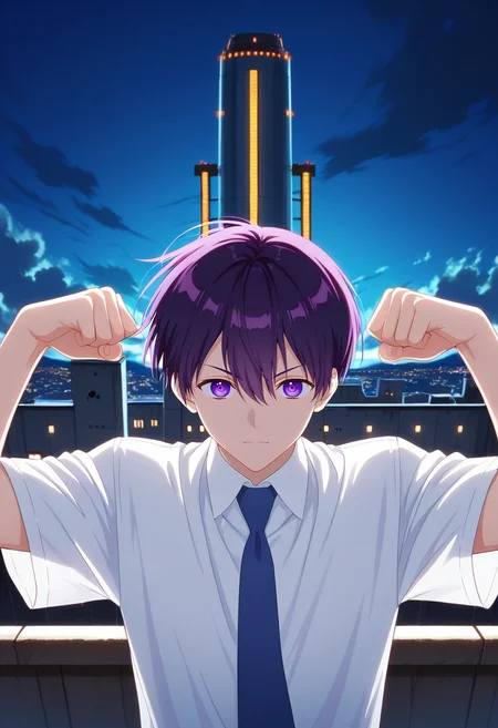 masterpiece, best quality, , (realistic:0.6),, 1boy, solo, male focus, <lora:yuuki_izumi_ilxl:1>, yuuki_izumi, purple hair, purple eyes, short hair, bangs, hair between eyes, white shirt, collared shirt, blue necktie, school uniform, sky fortress, cloud walls, wind towers, lookout posts, guard pose, vigilant expression, night,
