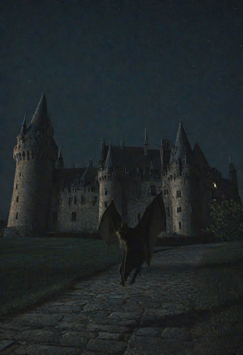bat walking around a castle at night