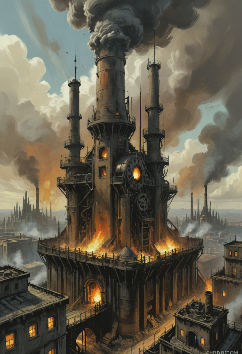 (((As you approach the base of the Mechanists' fortress, you can't help but feel a sense of awe at the sheer scale of the structure. Towering spires pierce the night sky, their peaks lost among the swirling clouds above. Giant gears and pistons churn and whirl, powering the massive contraptions that dominate the landscape. Smoke billows from chimneys and exhaust vents, obscuring the view of the city below. The air is thick with the smell of oil and grease, mixed with the acrid tang of burning fuel.))), ((Beautiful, brush strokes, digital art, extremely detailed digital illustration, cinematic, vast, epic, incredible perspective, breathtaking, awe-inspiring, intricate design, meticulous detail, concept art))