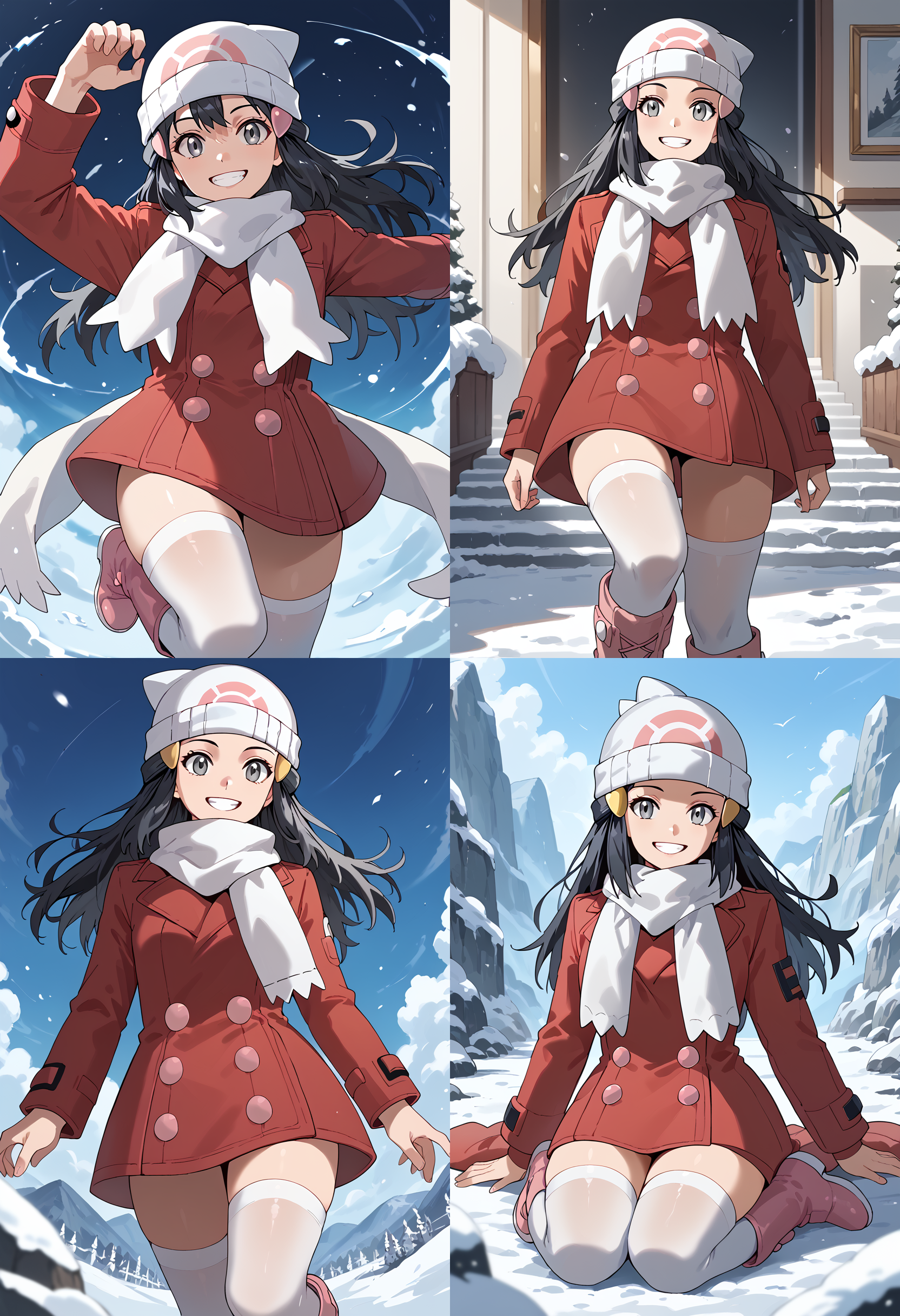 __femalePosesWildcard400_v10/female-poses__, smile, teeth,  <lora:DawnPony-10:1> Dawn_Platino, long hair, black hair, hair ornament, grey eyes, beanie, white headwear, coat, red coat, long sleeves, buttons, scarf, white scarf, thighhighs, white thighhighs, boots, pink footwear,, score_9, score_8_up, score_7_up, score_6_up, score_5_up, score_4_up,