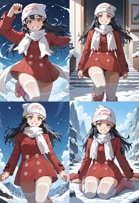 __femalePosesWildcard400_v10/female-poses__, smile, teeth, <lora:DawnPony-10:1> Dawn_Platino, long hair, black hair, hair ornament, grey eyes, beanie, white headwear, coat, red coat, long sleeves, buttons, scarf, white scarf, thighhighs, white thighhighs, boots, pink footwear,, score_9, score_8_up, score_7_up, score_6_up, score_5_up, score_4_up,