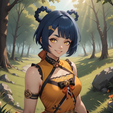 score_9, score_8, BREAK, solo, xiangling \(genshin impact\), orange thigh brace, dark blue hair, yellow eyes,hair ornament, hair rings, braid, chinese clothes, hairclip, dress, short hair, bangs, sleeveless, bare shoulders, dot eyebrows, sexy pose, self portrait, smile, looking at viewer, outdoors, sunlight, shadows, evening lighting, natural lighting, forest, trees, grass, orange sky, sunset