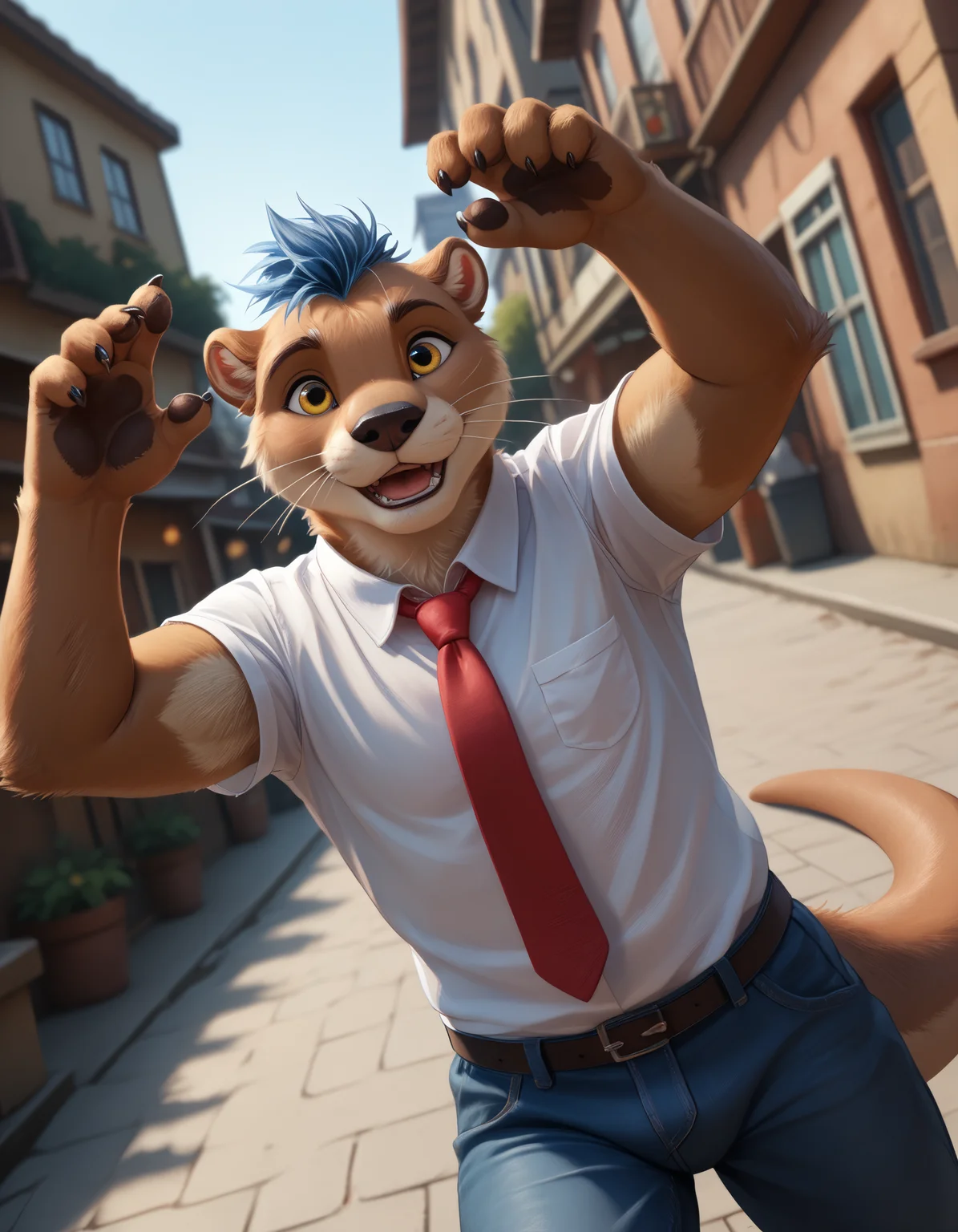 score_9, score_8_up, score_7_up, rating_safe, detailed, <lora:add-detail-xl:2.5>, anthro, furry, dutch angle, high quality, hires, detailed background, easynegative, pose, <lora:Zazush-una_Artist_Style-000029.safetensors:1.4>, (by Zazush-una:1.4), <lora:ottis_the_otter_v1-09.safetensors:0.7> ott1s_the_0tter, (otter:1.1), male focus, clothing, joy, smile, open mouth, blue hair, shirt, pants, (red necktie:1.1), happy, yellow eyes