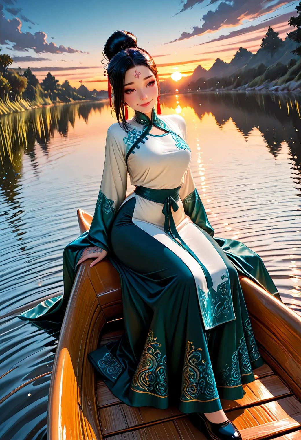 SmoothNoob_Quality, 1girl, intricate linework with expressive contrasts, henna portrait of a chinese woman sitting on a canoe, sunset, calm lake, reflection. dynamic angle, full body. scenery. smile, <lora:Smooth_Booster:0.5> <lora:IncaseStyle_NoobAI:0.3> <lora:All_Disney_Princess_-_Illustrious:0.2>