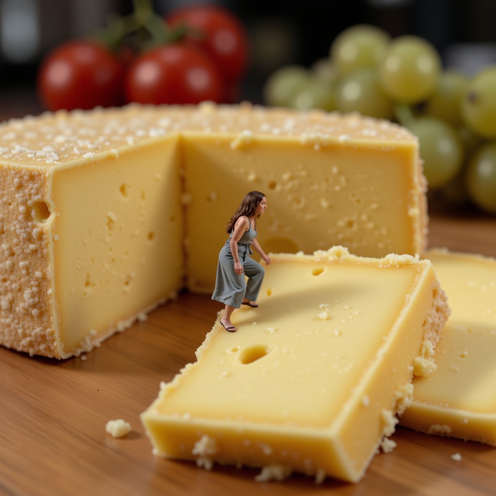 A miniature woman climbing up a table of cheese platter