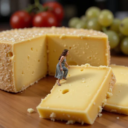 A miniature woman climbing up a table of cheese platter