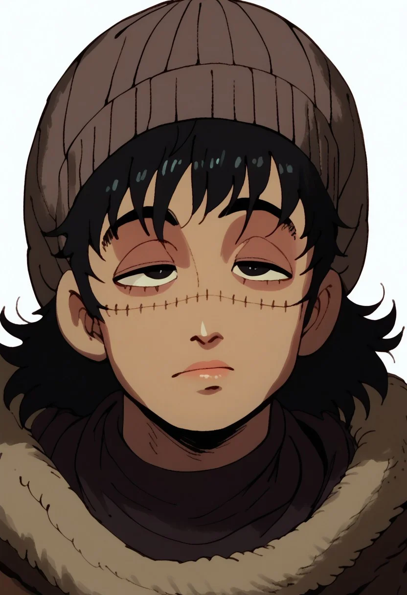 score_9, score_8_up, score_7_up, hyper detailed face, score_6, score_5, anime, perfect face, perfect anatomy, perfect eyes, 1boy, solo, closeup, messy hair, spiky hair, black hair, (black_eyes), serious, tired eyes, male focus, (((light grey beanie, gray_bear_ears, Croco_scar, gray animal hat, koala hat, koala beanie))), forehead, white background, face focus