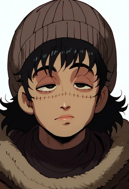 score_9, score_8_up, score_7_up, hyper detailed face, score_6, score_5, anime, perfect face, perfect anatomy, perfect eyes, 1boy, solo, closeup, messy hair, spiky hair, black hair, (black_eyes), serious, tired eyes, male focus, (((light grey beanie, gray_bear_ears, Croco_scar, gray animal hat, koala hat, koala beanie))), forehead, white background, face focus