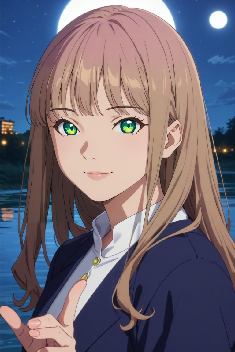 score_9, score_8_up, score_7_up, source_anime, rating_safe, intricate details, (photorealistic:0.6), looking at viewer, , 1girl, solo, <lora:yume_minami_pony:0.8>, yume_minami, brown hair, green eyes, long hair, bangs, cowboy shot, river, night, full moon, jojo pose, smile, , <lora:sdxl_lightning_8step_lora:1>