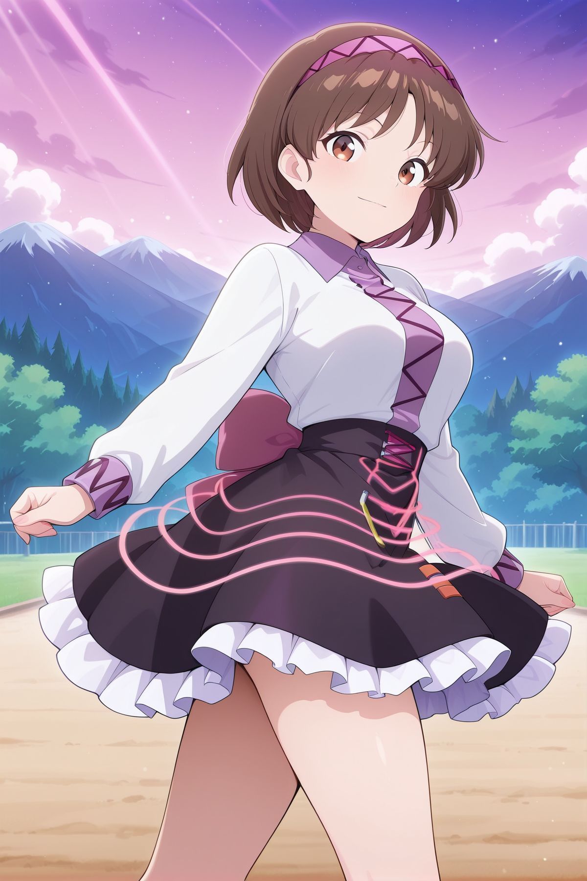 absurdres, highres, masterpiece, best quality, amazing quality, official anime artwork, screencap, anime screencap, outdoors, looking at viewer, light smile, dynamic pose, 
 <lora:Tsukomo-Yatsuhashi_Illustrious:1> tsukumo yatsuhashi, 1girl, solo, brown eyes, brown hair, short hair,, white shirt, long sleeves, black skirt, frilled skirt,