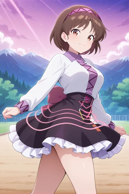 absurdres, highres, masterpiece, best quality, amazing quality, official anime artwork, screencap, anime screencap, outdoors, looking at viewer, light smile, dynamic pose,
<lora:Tsukomo-Yatsuhashi_Illustrious:1> tsukumo yatsuhashi, 1girl, solo, brown eyes, brown hair, short hair,, white shirt, long sleeves, black skirt, frilled skirt,