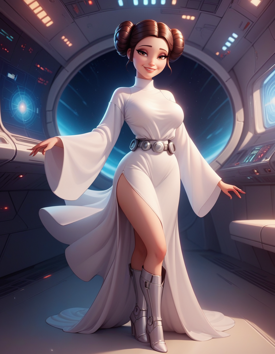 score_9, score_8_up, score_7_up,score_6_up, score_5_up, score_4_up ,1girl, solo,
leiadressdg, 
large breasts, 
brown hair, brown eyes, 
half closed eyes, smile, 
double bun, white dress, belt,white high heel boots, side slit, wide sleeves, 
 light particles, see-through silhouette, spacecraft interior, 
 <lora:Leia DALL E-3  PonyXL-000003:1>