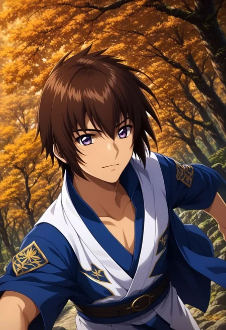 ASCIIscore_9, score_8_up, score_7_up, score_6_up,
source_anime,
kira_yamato, hair parting left, 1boy, solo, detailed eyes, light purple eyes, looking at the viewer,
fighting pose, in combat, upper body portrait,
scenery, Japanese shrine, autumn,
masterpiece, best quality, very aesthetic, absurdres,