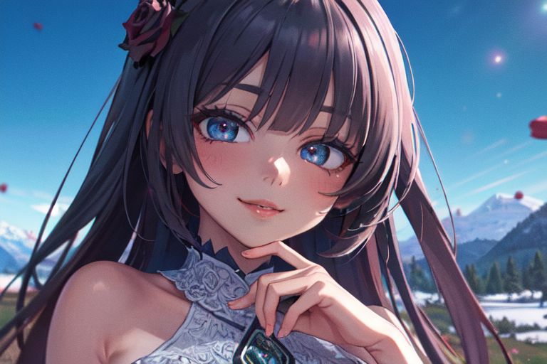 (masterpiece:1.4), 4K8K, (anime style), (high shutterspeed:1.4), (sharp edges), 
SyFyEye1, 
1woman  hands togather,  leaning foward, face focus, smile, closed mouth, 
wearing Celtic style dress, (Detailed face, Detailed eyes, Detailed lips), 
any colored roses, Alps in the background,