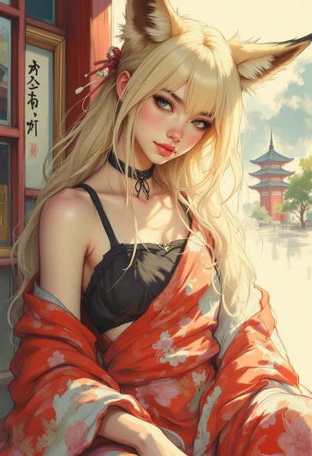 OBxiaoxiang, inksplash portrait of stunning oriental fox godess sitting outside shinto shrine, long blonde hair, sidelocks, bangs, fox ears, hair ribbon,  earrings, necklace, choker, cheongsam, direct gaze, light hitting one side of face, gradient colour background, Japanese kanji