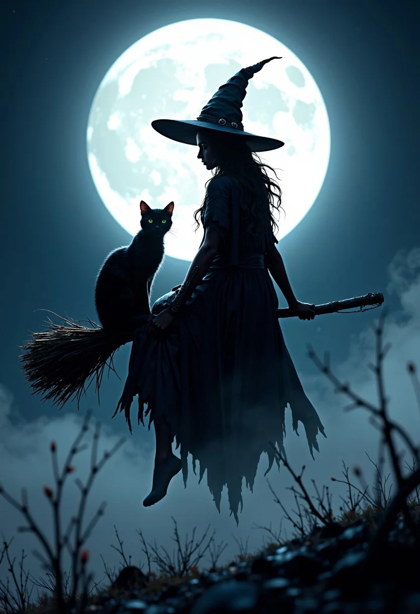 Masterpiece. Illustration of a silluette of witch and her cat sitting on a broomstick in front of a full moon. The witch is wearing a pointed hat and a long cloak. The cat is sitting on the broomstick behind the witch. The background is dark, with a hint of blue and white, and the moon is partially visible behind a fog. The overall mood of the image is eerie and mysterious. high-res, semi realistic, best quality, intricate details, ultra details, good lighting, vibrant colors, very detailed, octane render, ray tracing, mythp0rt