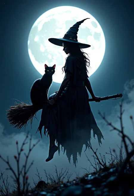 Masterpiece. Illustration of a silluette of witch and her cat sitting on a broomstick in front of a full moon. The witch is wearing a pointed hat and a long cloak. The cat is sitting on the broomstick behind the witch. The background is dark, with a hint of blue and white, and the moon is partially visible behind a fog. The overall mood of the image is eerie and mysterious. high-res, semi realistic, best quality, intricate details, ultra details, good lighting, vibrant colors, very detailed, octane render, ray tracing, mythp0rt