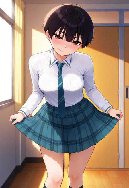 masterpiece, best quality, amazing quality, 1girl, solo, makoww, tomboy, brown eyes, black hair, short hair, medium breasts, school uniform, necktie, collared shirt, long sleeves, plaid skirt, pleated skirt, socks, <lora:Kaneute_Mako_Kanente-san_to_ill_v21:0.9>, straight-on, curtsey, arms at side, lifting own clothes, clothes hold, head tilt, leaning forward, looking at viewer, seductive smile, blush, indoors, skindentation, detailed clothing folds, depth of field, sharp, high contrast, dynamic light