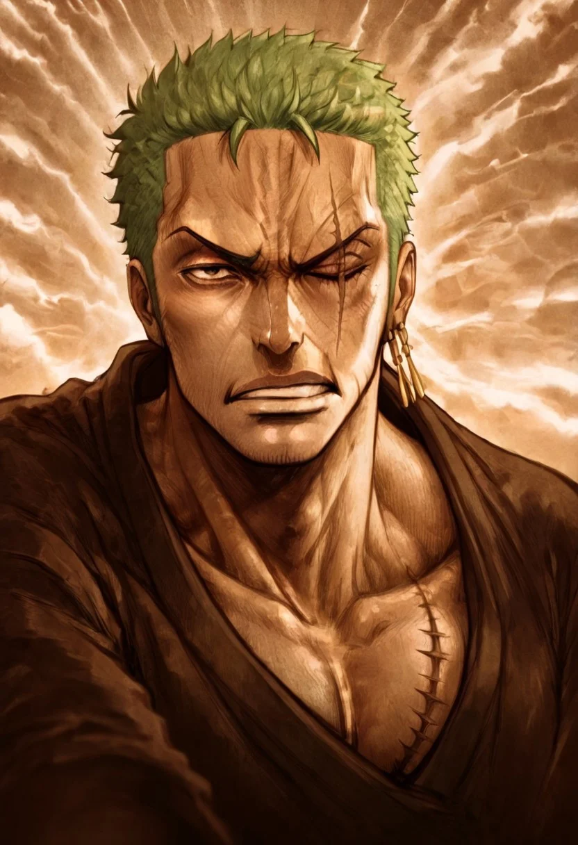 masterpiece, best quality, newest, absurdres, highres, D3CSPS-V1.0, brown theme, sepia, monochrome,
1boy, Zoro \(one piece\), green hair, one closed eye, one eye open, scar over eye,