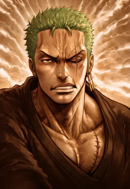 masterpiece, best quality, newest, absurdres, highres, D3CSPS-V1.0, brown theme, sepia, monochrome, 
 1boy, Zoro \(one piece\), green hair, one closed eye, one eye open, scar over eye,