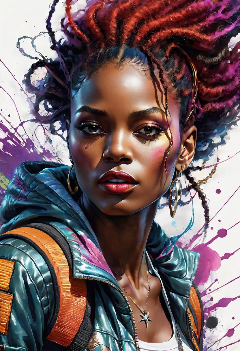 mj, best quality, cinematic, close-up, sci-fi, painting of character, surreal vibrant caricature, misc Afrobeat, good vibe, intricate details, highly detailed, perfect anatomy, centered, approaching perfection, dynamic, highly detailed, artstation, concept art, smooth, sharp focus, illustration, art by Carne Griffiths and Wadim Kashin, graffiti airbrushing techniques, high definition, accent lighting, contrasted with bright paint colors, epic background, RTX, 4K, Gabriele Delotto, AI Midjourney, Vivid Saturated Colors, Watercolor, Oil Paints, HD