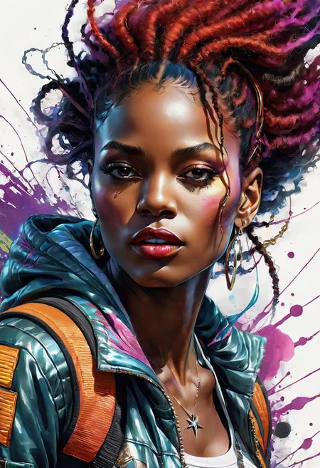 mj, best quality, cinematic, close-up, sci-fi, painting of character, surreal vibrant caricature, misc Afrobeat, good vibe, intricate details, highly detailed, perfect anatomy, centered, approaching perfection, dynamic, highly detailed, artstation, concept art, smooth, sharp focus, illustration, art by Carne Griffiths and Wadim Kashin, graffiti airbrushing techniques, high definition, accent lighting, contrasted with bright paint colors, epic background, RTX, 4K, Gabriele Delotto, AI Midjourney, Vivid Saturated Colors, Watercolor, Oil Paints, HD