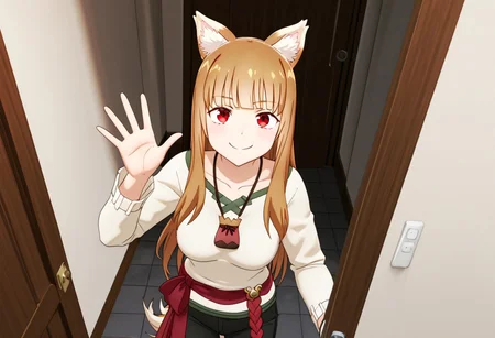 high resolution, gorgeous, absurdres, best quality, anime screencap, source_anime, official art, seismic, 3d, 1girl, Holo, wolf girl, animal ears,animal ear fluff,wolf ears,very long hair,shiny hair,brown hair,sidelocks,blunt bangs,red eyes, collarbone,pouch,white sweater,long sleeves,red sash,medium breasts,black pants,wolf tail,black footwear, apartment building, opening door, smile, XD, waving, looking at viewer