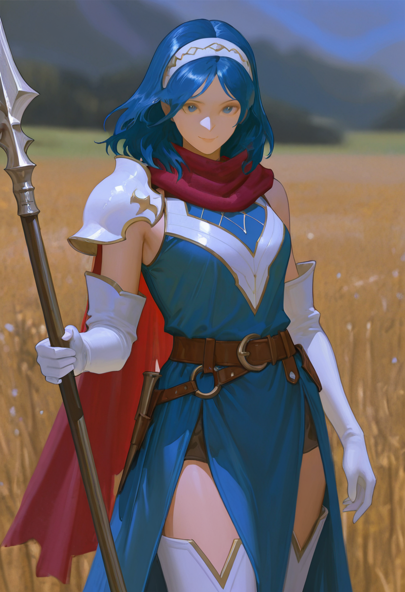 yuming li artstyle, 

cowboy shot, 1girl, solo, blue hair, medium hair, blue eyes, white headband, white armor, sleeveless dress, blue dress, shoulder armor, red scarf, Brown belt, long gloves, white gloves, blue thigh boots, holding spear, smile quietly, looking viewer, 

outdoors, field, blurry background, 

masterpiece, best quality, amazing quality, 