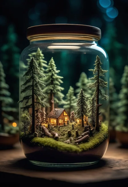 small wood forest world, inside a beautiful jar, illuminated miniature forest, depth of field, hyperdetailed photography, shot at night, 8K, award winning photo, amazing wallpaper, OverallDetailXL