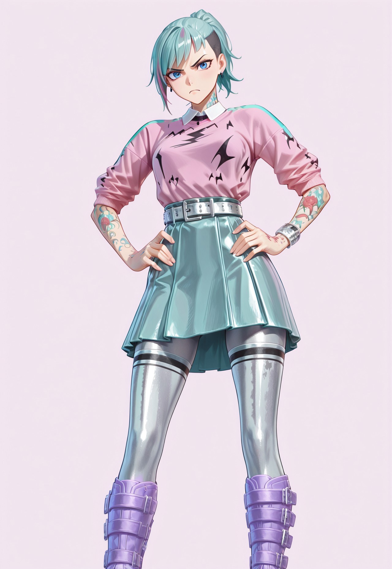 standing, simple background, hands on hips, from below, looking at viewer, 

1girl, solo, TwynPastelStrider, short hair, multicolored hair, aqua hair, ponytail, blue eyes, earrings, tattoo, pink shirt, skirt, belt, silver thighhighs, knee boots, purple footwear, bracelet, angry, ((skinny)), 

absurdres, masterpiece, best quality, very aesthetic, anime, 748cmstyle, 
